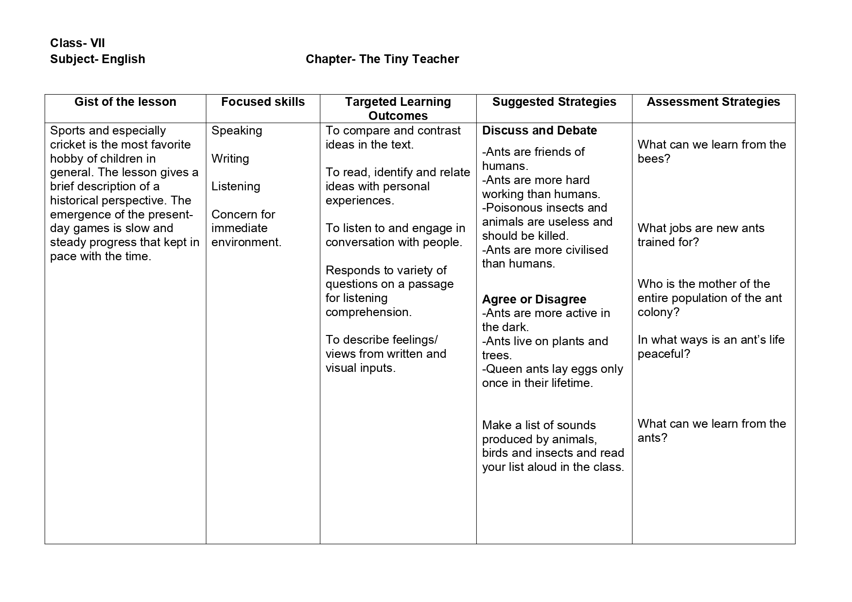 Lesson Plan for English Class 7 Chapter Wise - CBSE CONTENT