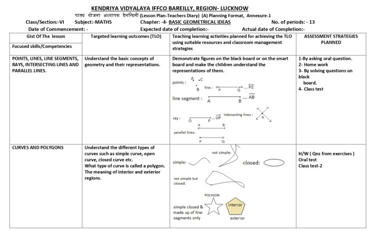 Mathematics Lesson Plan for Class 6 Chapter Wise - CBSE CONTENT
