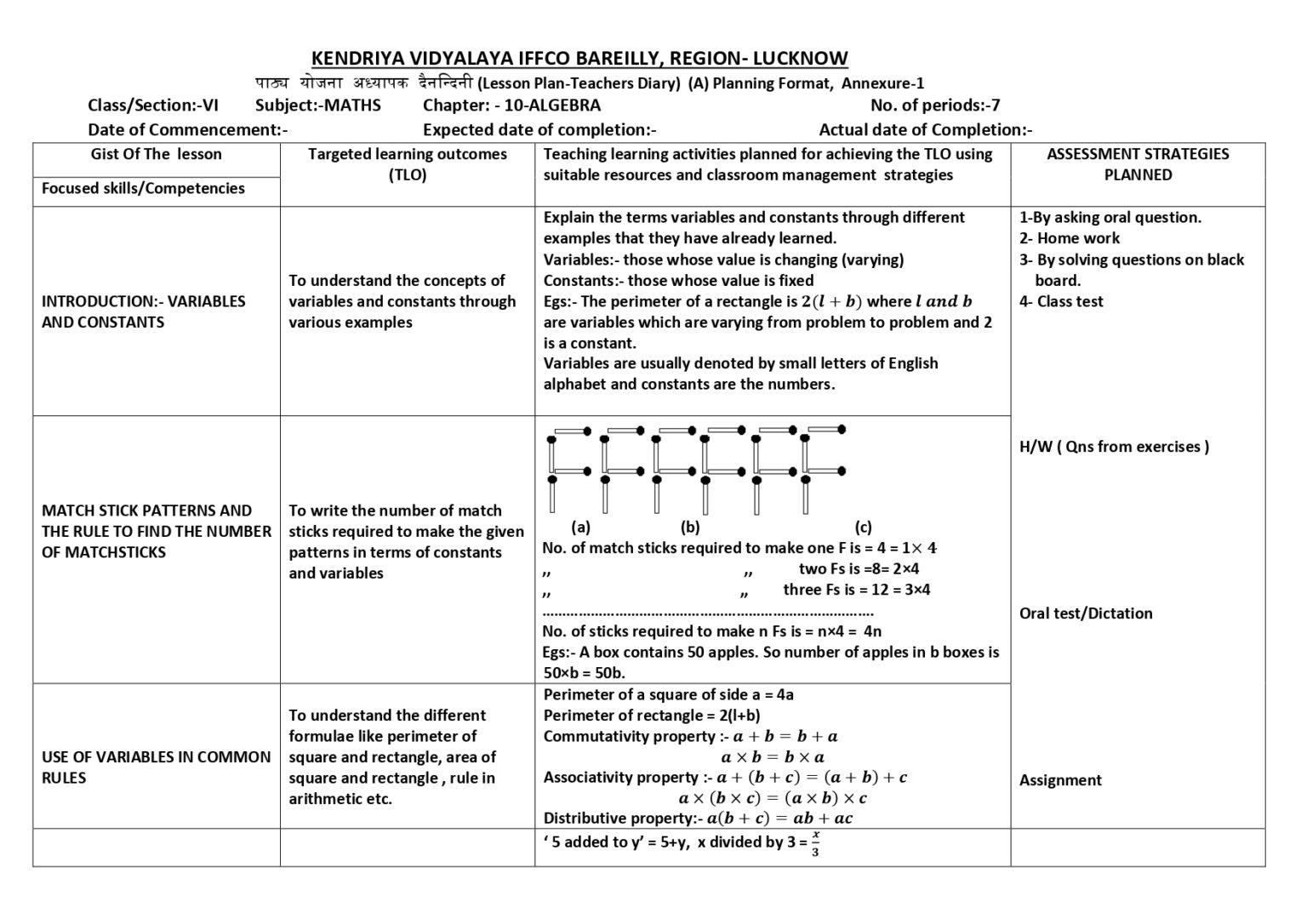 Mathematics Lesson Plan For Class 6 Chapter Wise Cbse Content 1592