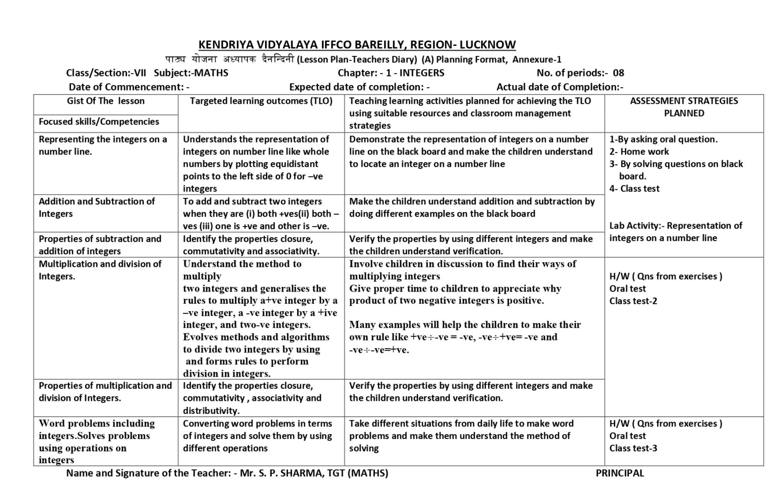 Mathematics Lesson Plan for Class 7 Chapter Wise - CBSE CONTENT