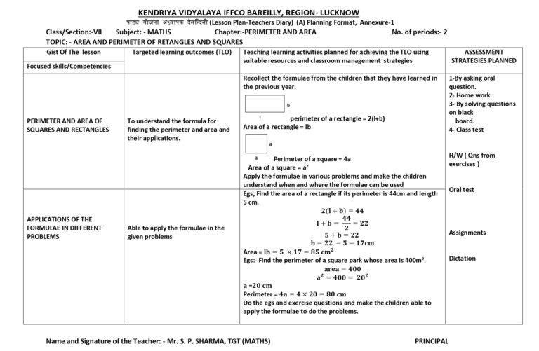 Mathematics Lesson Plan for Class 7 Chapter Wise - CBSE CONTENT