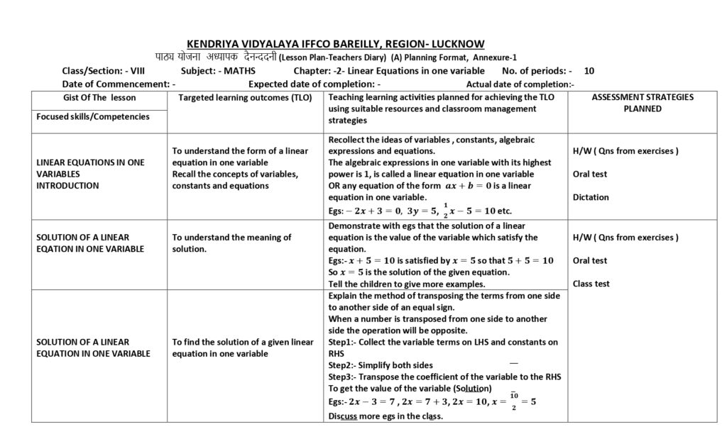 Mathematics Lesson Plan For Class 8 Chapter Wise CBSE CONTENT